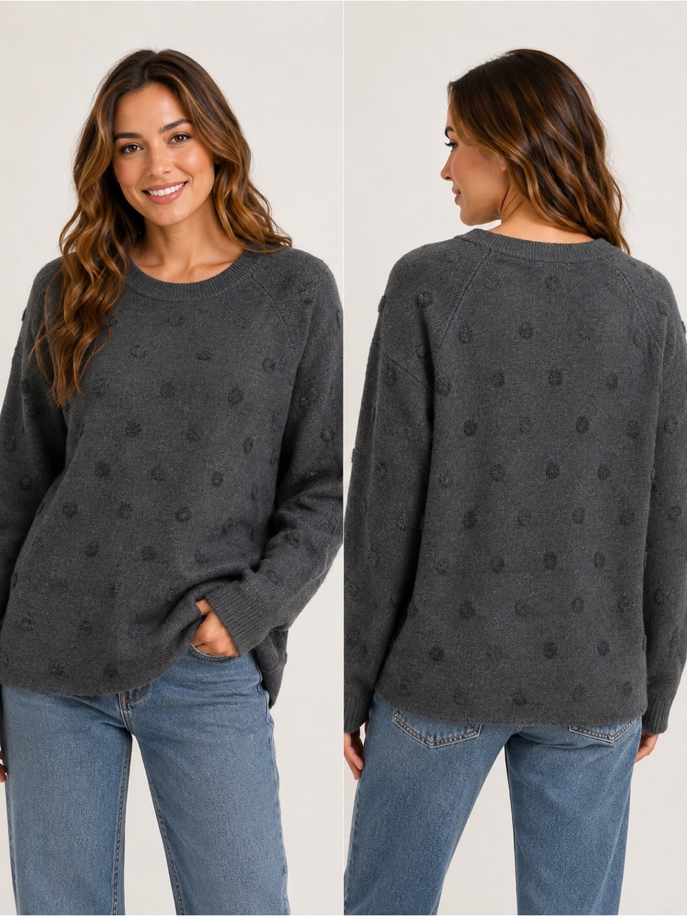 Leo & Nicole Gray Textured Polka Dot Knit Sweater Women’s Medium NWT